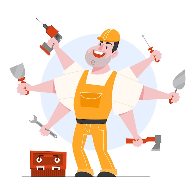 Illustration of foreman character. professional worker in helmet and uniform holding tools. handyman and specialist.   cartoon illustration