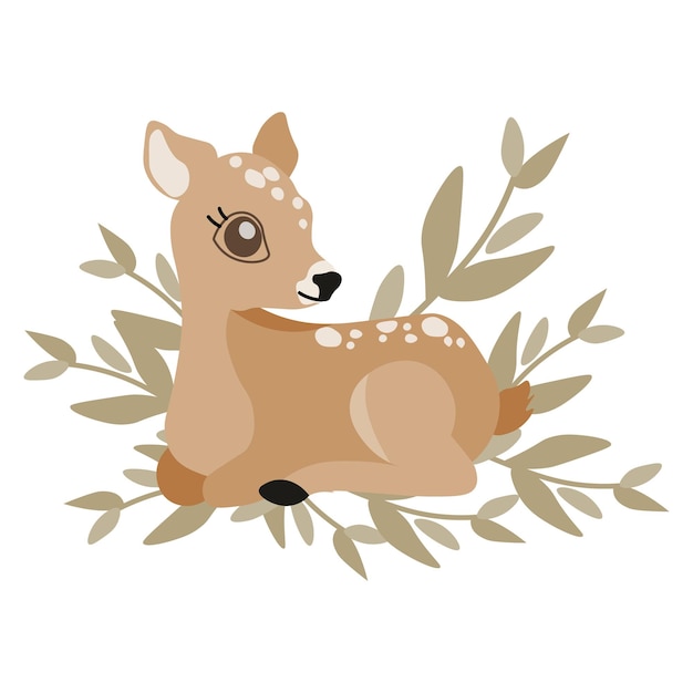 Vector illustration of forest animals cute deer on the branches with leaves pastel colors