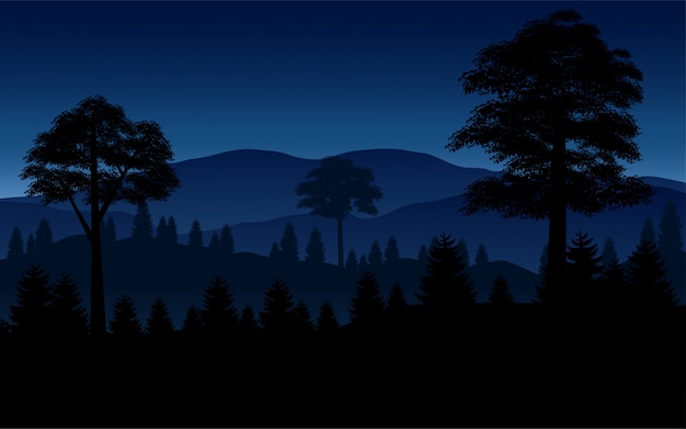 Vector illustration of forest and mountain in the night