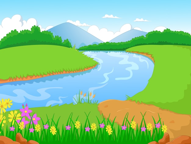 Illustration of a forest with a river and flower