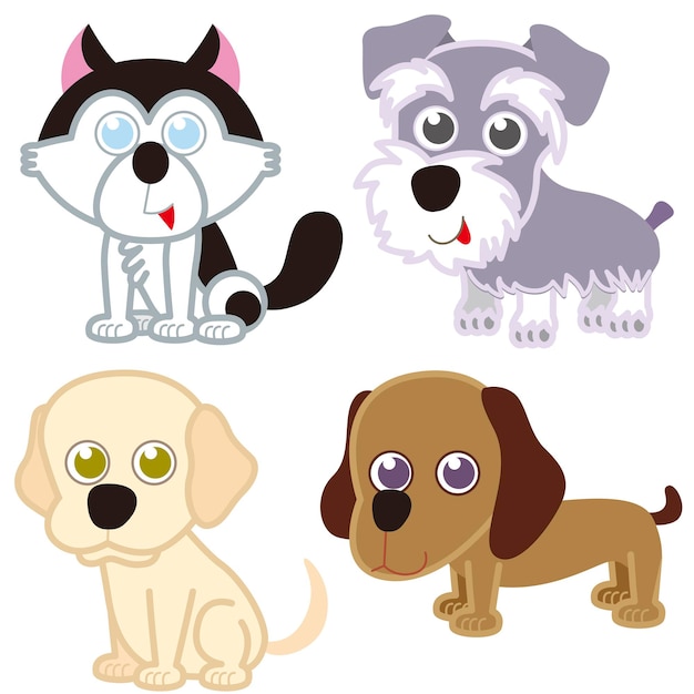 Vector illustration of four cartoon cute dog collection.