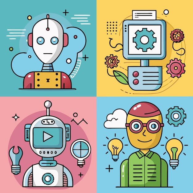 एक रिंच और एक लाइट बल्ब वाले रोबोट, एक प्ले बटन वाले रोबोट, गियर वाले रोबोट और गियर और एक कंप्यूटर वाले रोबोट सहित विभिन्न भूमिकाओं वाले चार अलग-अलग रोबोट का चित्रण