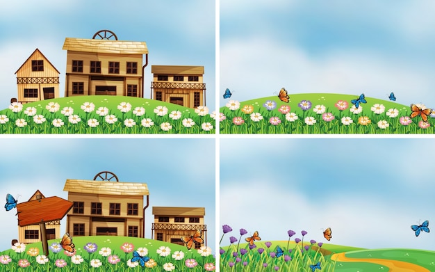 Illustration of four scenes of houses and nature