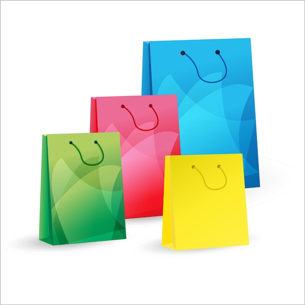 Illustration four shopping bags 3d icon Green orange red yellow bag package isolated