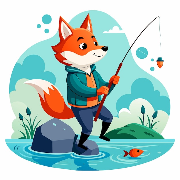 Illustration of fox fishing on the river with white background