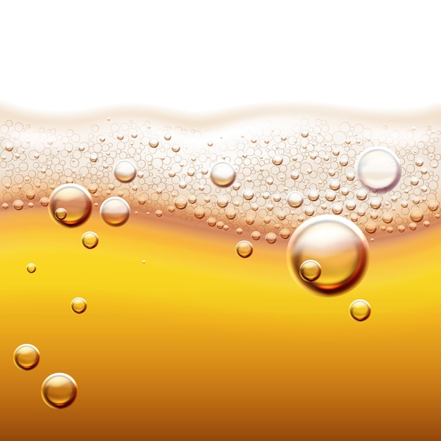 Illustration of fresh light beer with gas bubbles amber liquid background with wave and foam