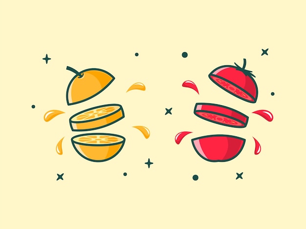 Illustration of fresh orange and tomato split and squirt vector Illustration.