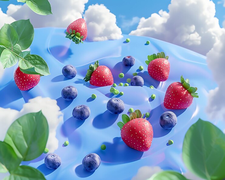 Vector illustration of fresh strawberries growing in a field on a sunny day