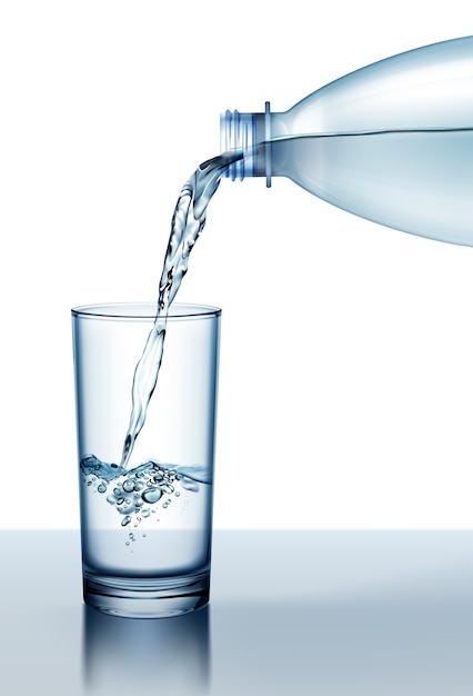 illustration of fresh water pouring from plastic bottle in glass isolated on white background