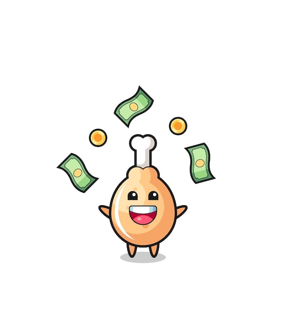 Illustration of the fried chicken catching money falling from the sky , cute design