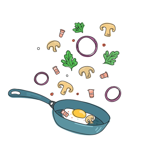 Illustrazione di una ricetta di uova fritte con verdure pancetta e uova in stile scarabocchio