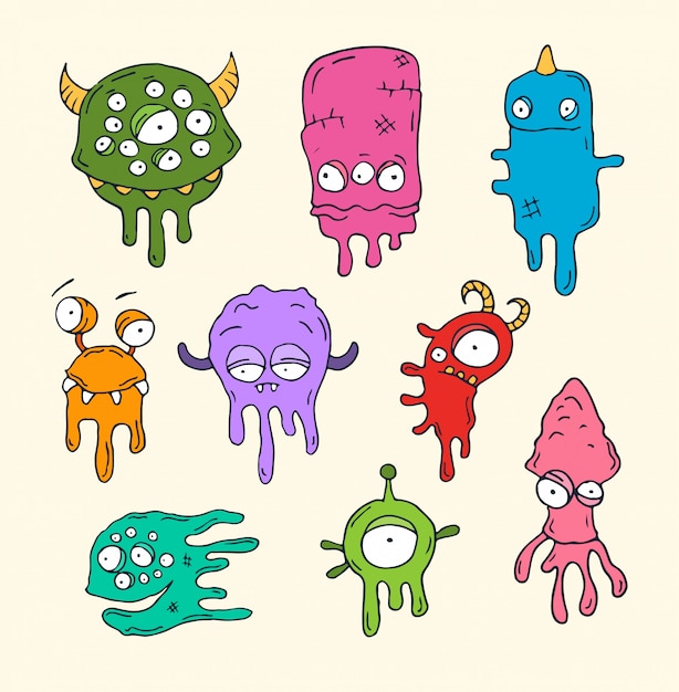 Vector illustration of friendly, cool, cute hand-drawn monsters collection