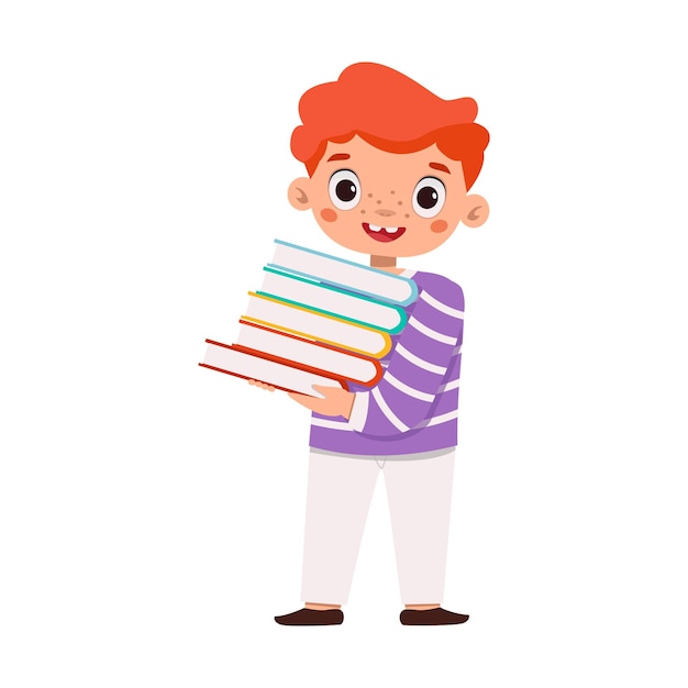 Illustration from the set with schoolchildren - a schoolboy with a stack of books or textbooks.