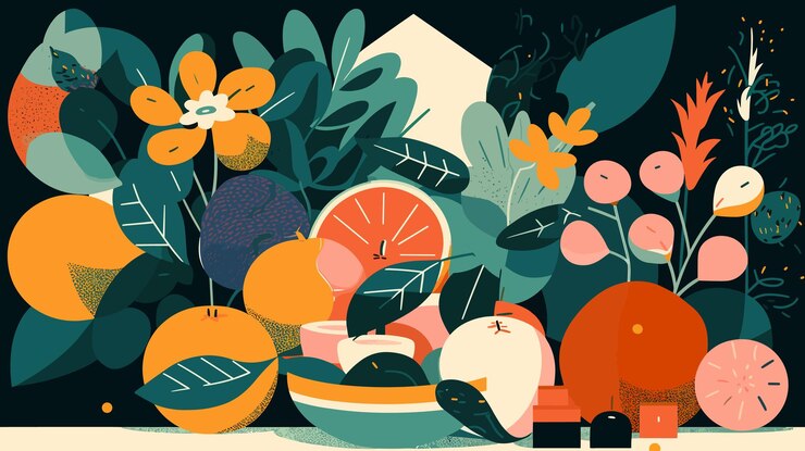 An illustration of fruit and flowers with a black background.