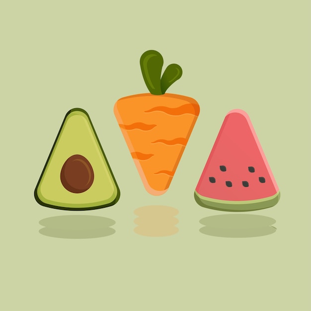 과일 아이콘 삼각형, 아보카도, 당근, 수박의 삽화.