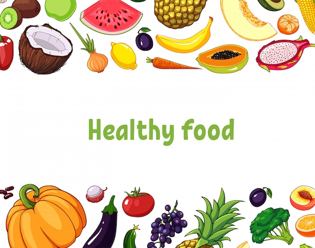 다양 한 식용 개체와 과일과 야채 그림.