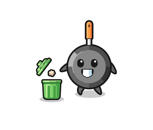 Illustration of the frying pan throwing garbage in the trash can