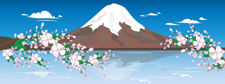 Vector illustration fuji mountain in japan beautiful nature of snowy mountain with sakura blossoms japanese romantic place for illustration for any design and decoration