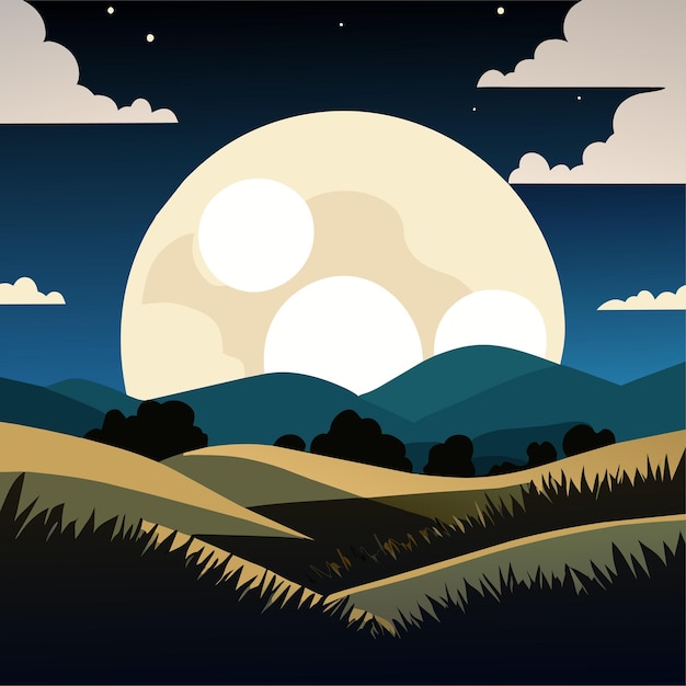 illustration of full moon over grassland with clouds
