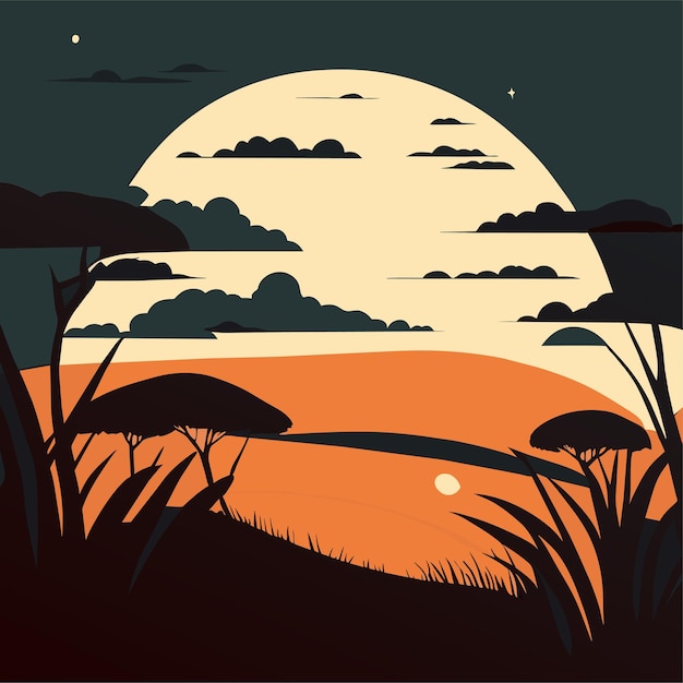 Vector illustration of full moon over grassland with clouds