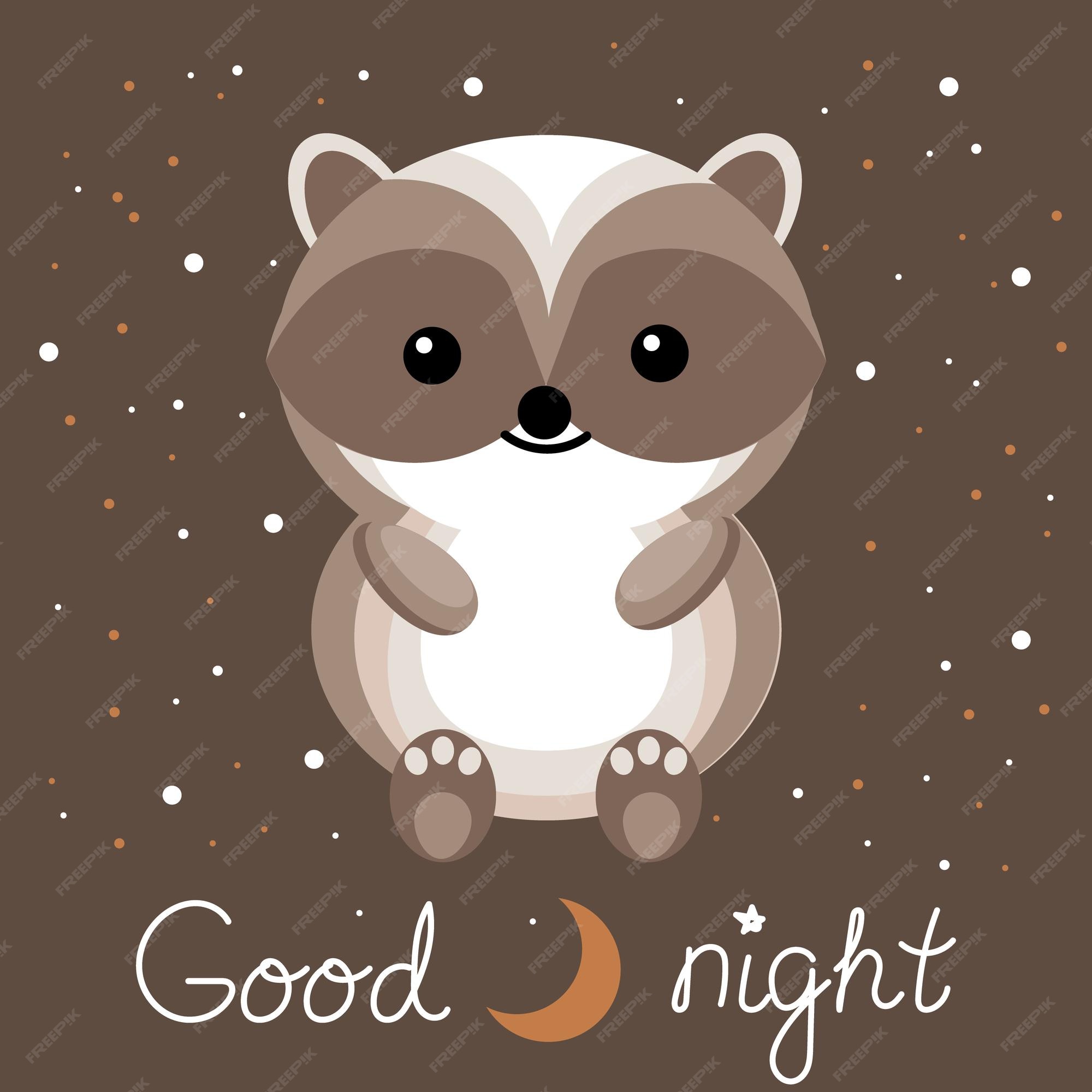 Premium Vector | Illustration funny baby badger and english text good night on dark background with stars and moon Premium Vector | Illustration funny baby badger and english text good night on dark background with stars and moon