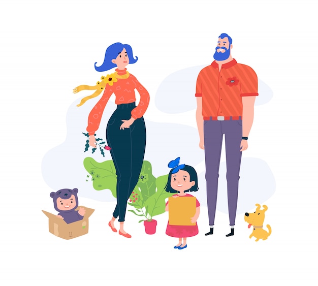 Illustration of funny characters dad, mom and kids.