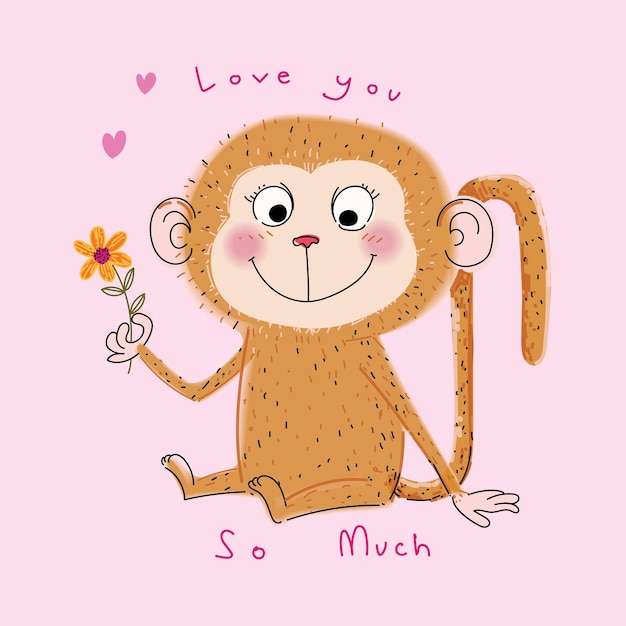 Illustration of funny monkey cartoon icon character hand drawn vector animal collection