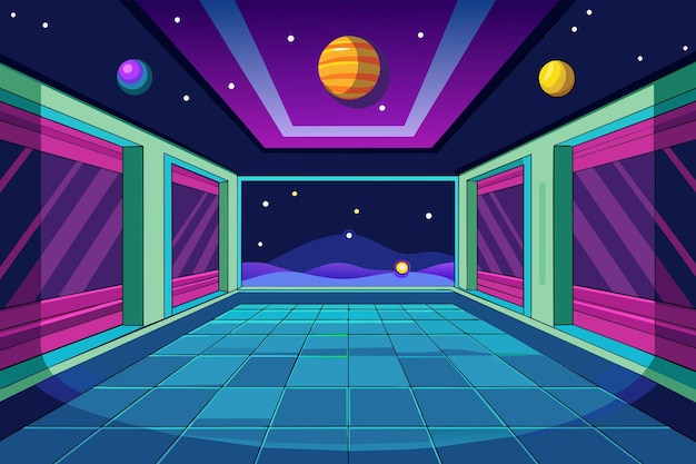 An illustration of a futuristic hallway with a view of outer space and colorful planets through the windows