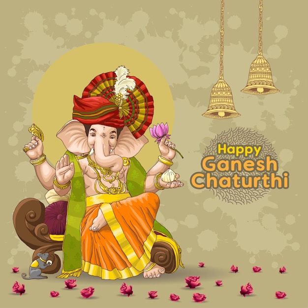 Illustration of ganesh chaurthi greetings with decorative bell