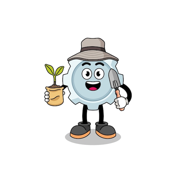 Illustration of gear cartoon holding a plant seed