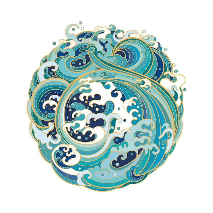 Vector illustration of geometric shape circle with marine waves in traditional oriental style.