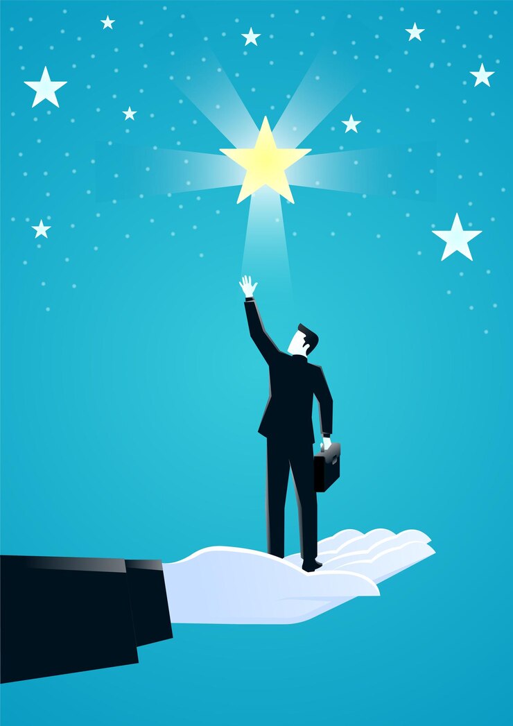 वेक्टर illustration of giant hand helping a businessman reach out for the stars