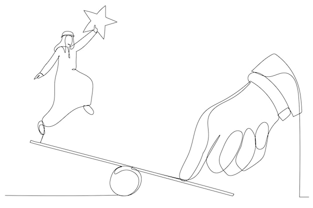 Illustration of giant thumb helping arab businessman to jump on seesaw One line art style