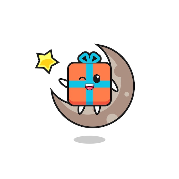 Illustration of gift box cartoon sitting on the half moon