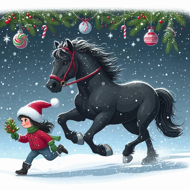 Vector illustration of a girl in a christmas hat running in the snow with a black horse