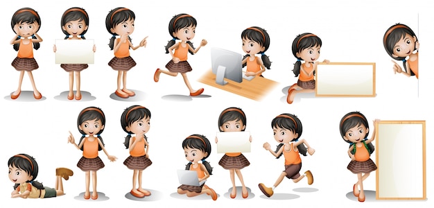 Vector illustration of a girl in different poses holding a sign