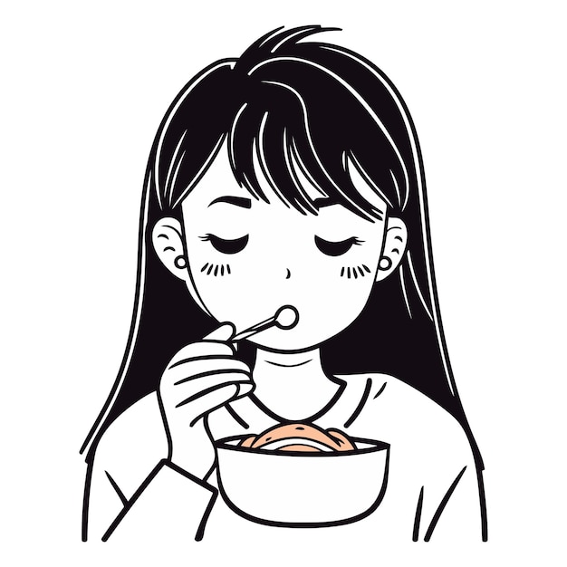 Illustration of a girl eating a bowl of noodle with chopsticks