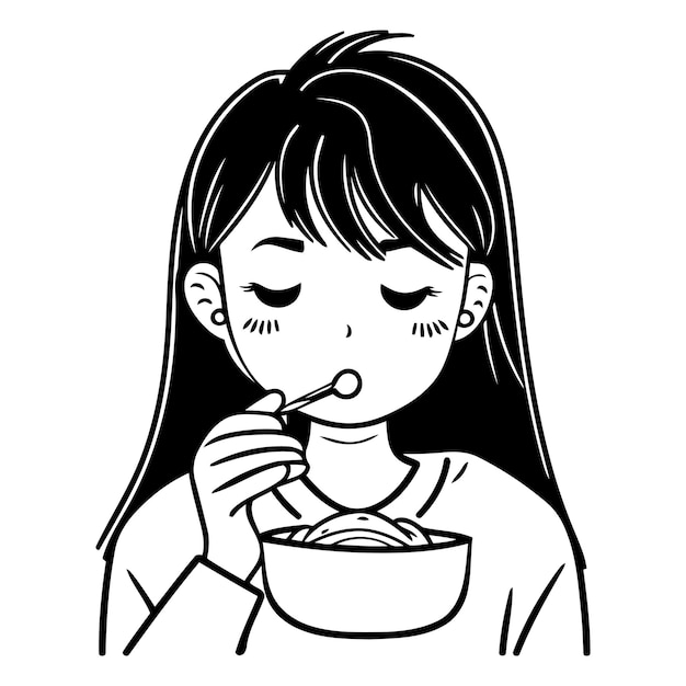 Illustration of a girl eating a bowl of noodle with chopsticks