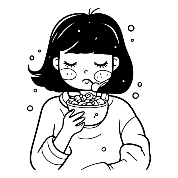 Vettore illustrazione di una ragazza che mangia cornflakes in una ciotola vettoriale