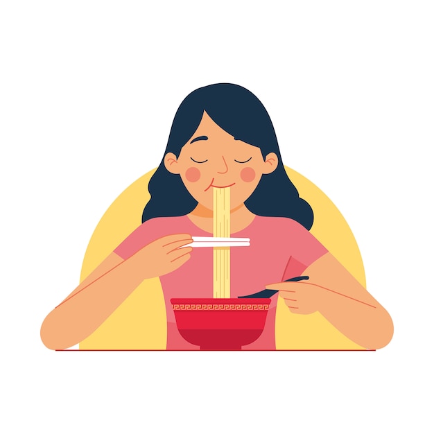 Vector illustration a girl enjoy her ramen