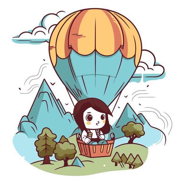 Vector illustration of a girl flying a hot air balloon in the mountains