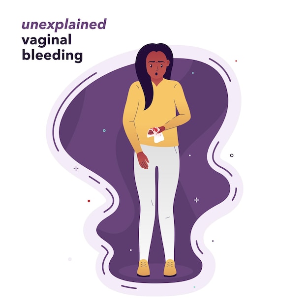 Illustration of a girl frightened by unexplained vaginal bleeding.