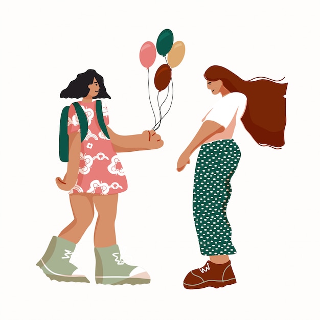 Illustration of a girl giving a gift to girl. sisterhood concept.