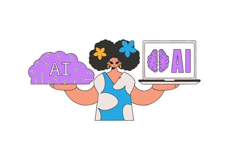 Vector illustration of a girl holding a brain made of ai.
