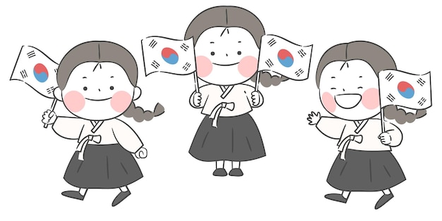 An illustration of a girl holding the Korean national flag