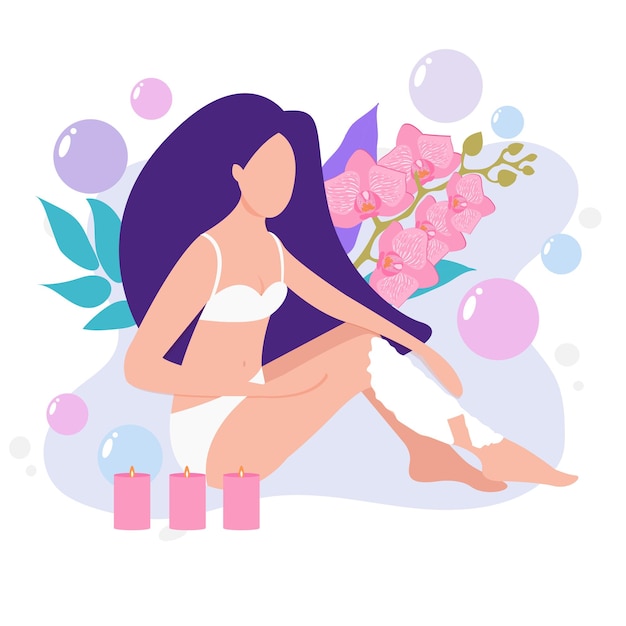 Vector illustration of a girl holding a razor shaving hair off her legs