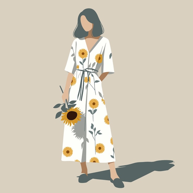 Vector illustration of girl in long dress with sunflower in hand