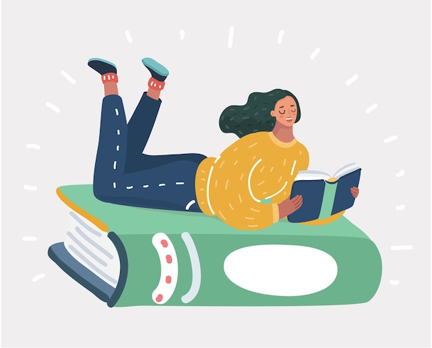 Vector illustration of a girl lying at green book