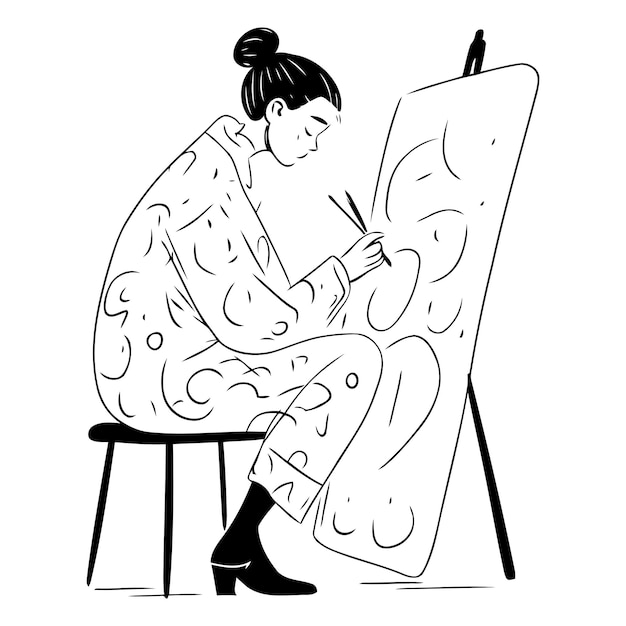 Illustration of a girl painting a picture on a easel