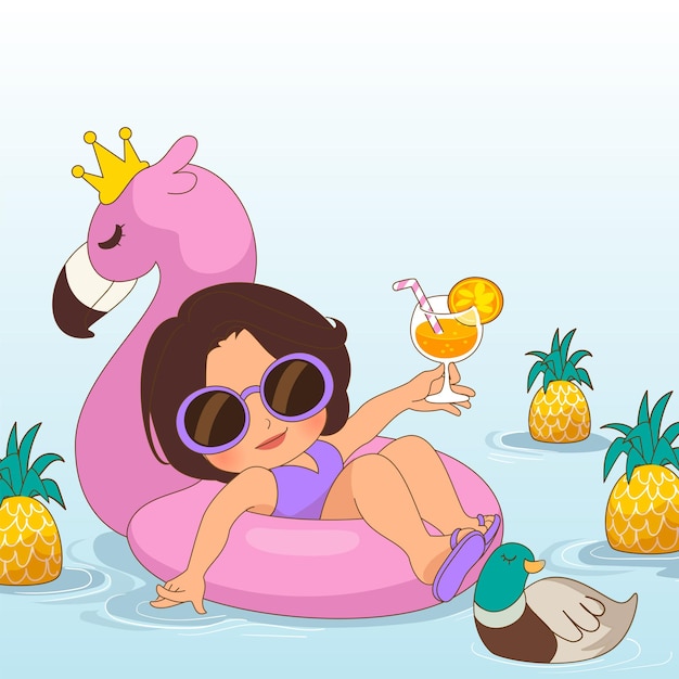 Illustrazione di una ragazza su una piscina con ananas